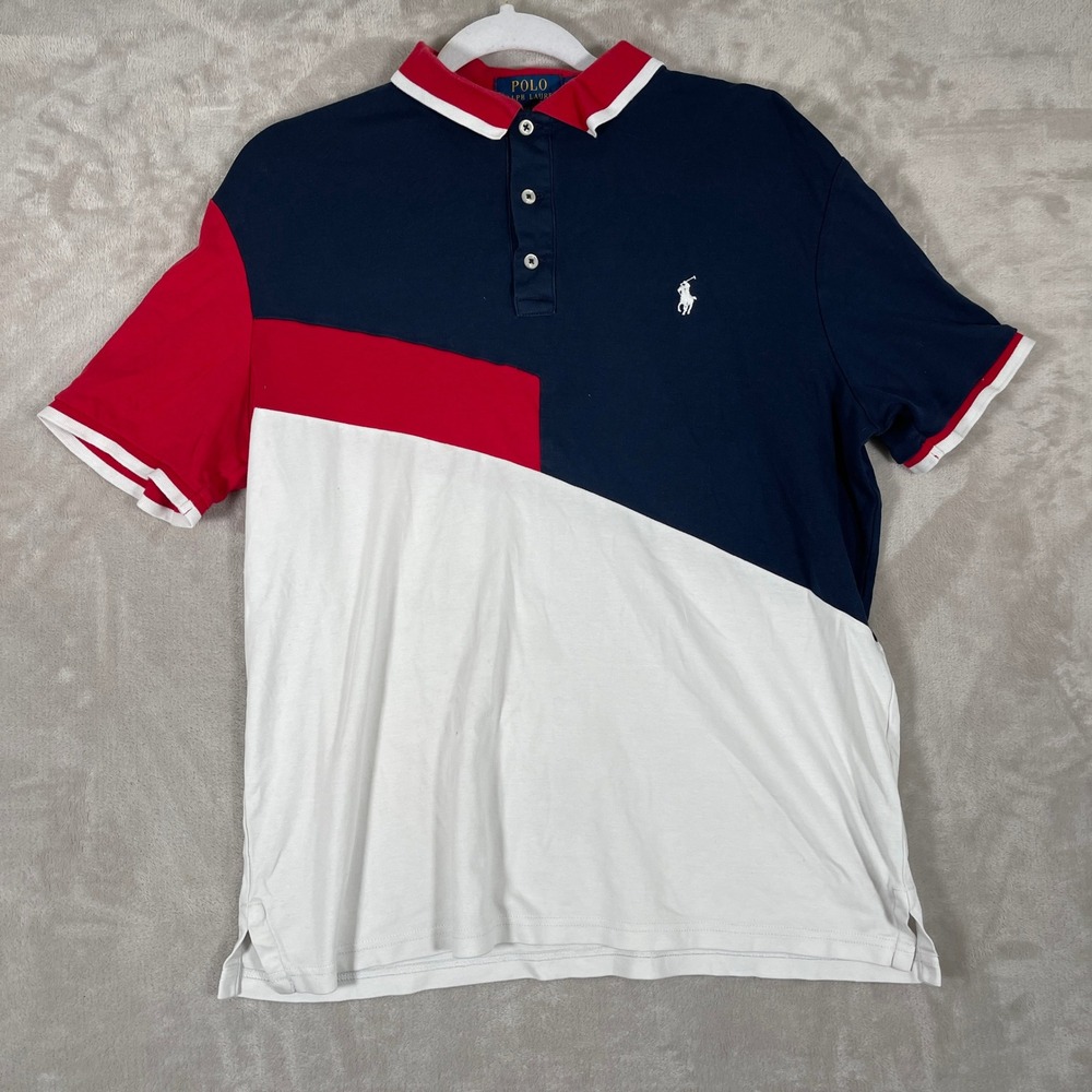 Polo Ralph Lauren Mens Polo Shirt Short Sleeve Preppy Classic Fit M Red/Wht/Blue